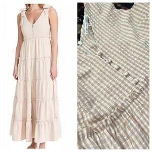 English Factory beige and white Gingham Tiered Maxi Dress bows empire S